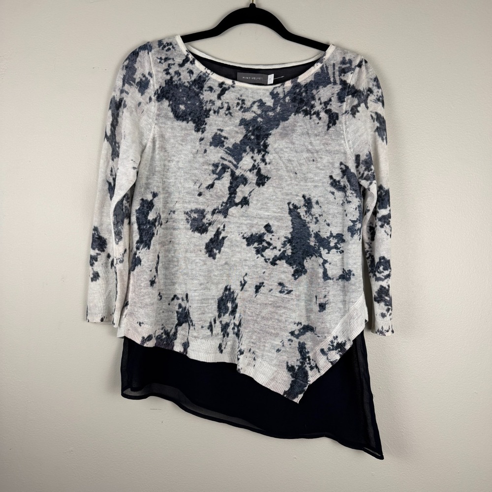 Mint Velvet Asymmetrical Top Womens 10 White Black Tie Dye Round Neck 3/4 Sleeve